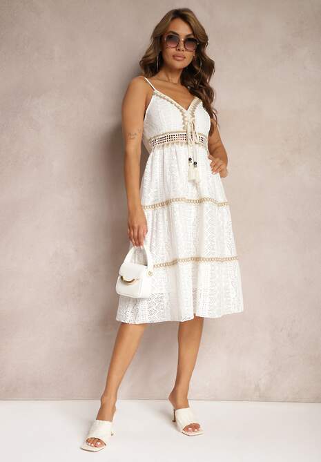 Biała Koronkowa Sukienka Midi na Ramiączkach z Falbankami Tajae