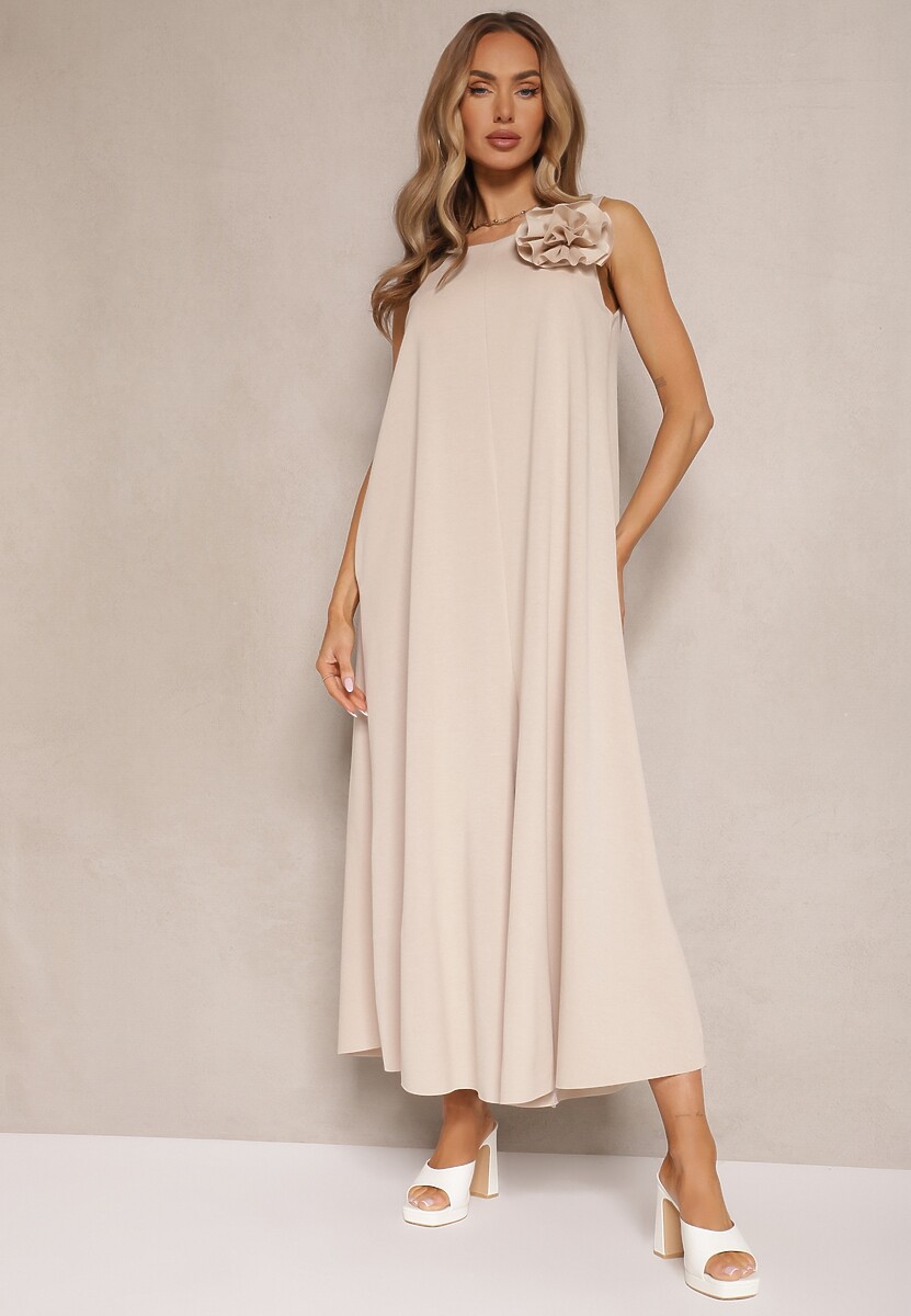 Beżowy Kombinezon z Wiskozą Ozdobiona Kwiatem Broszką 3D Solio