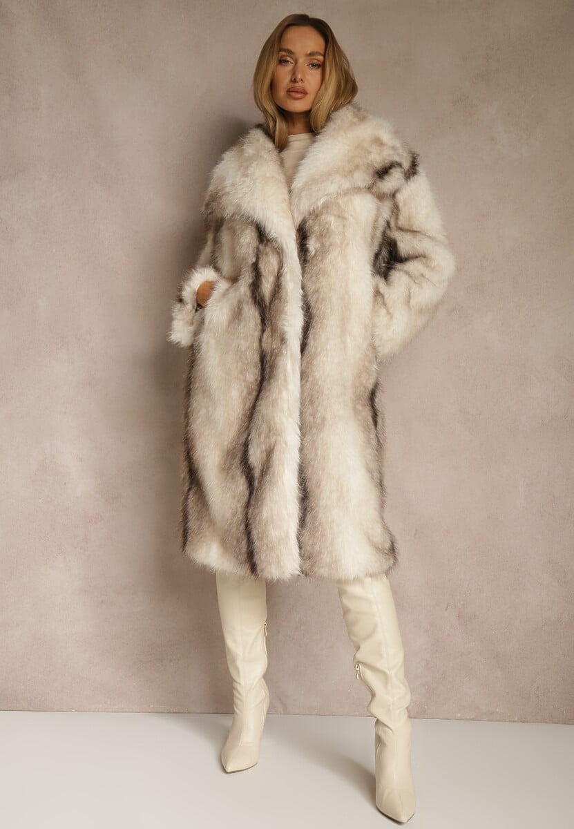 Brązowy Płaszcz Futerko o Prostym Kroju z Szerokim Kołnierzem Ezilana