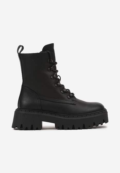 Czarne Sznurowane Botki Typu Worker na Masywnej Podeszwie Veranda