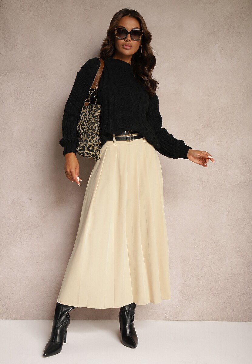 Jasnobeżowa Rozkloszowana Spódnica Plisowana z Dwoma Paskami z Klamrami  Jaleara