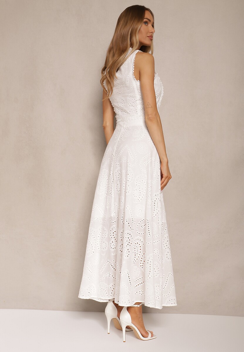 Biały Ażurowy Komplet z Haftowanej Tkaniny Top i Spódnica Salamira