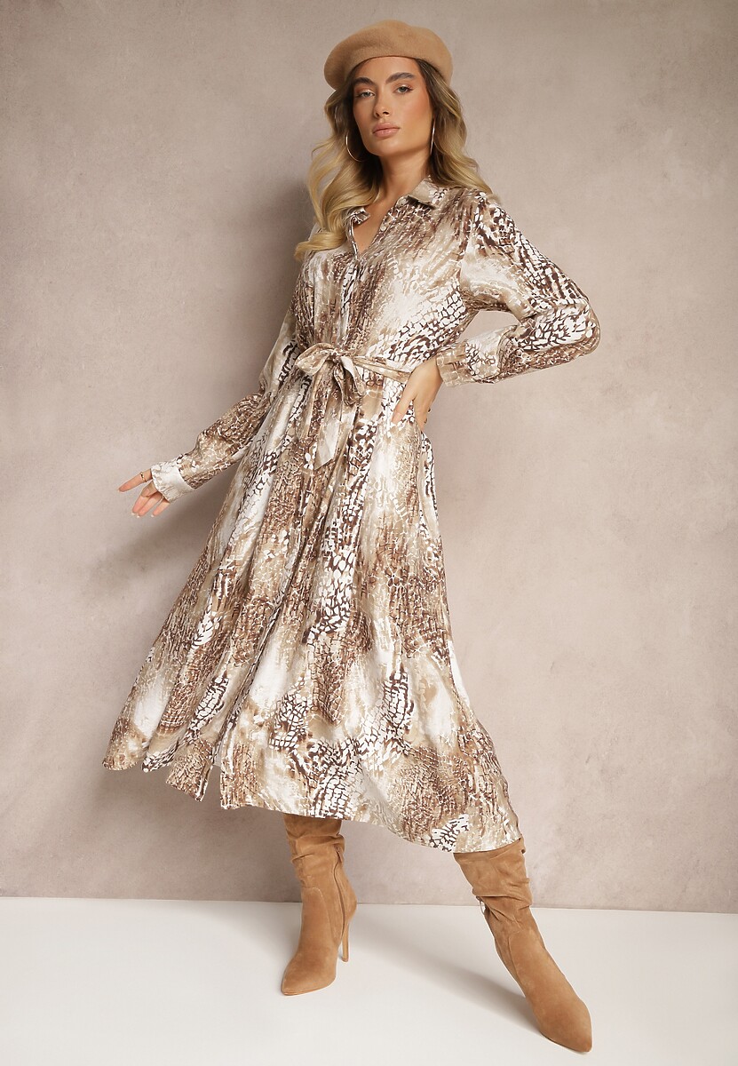 Brązowa Wiskozowa Sukienka o Kroju Koszulowym z Krokodylowym Wzorem i Paskiem Daivanna