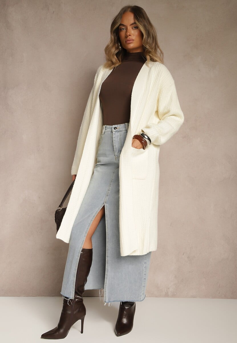 Jasnobeżowy Długi Kardigan Niezapinany z Bawełną Ferrive