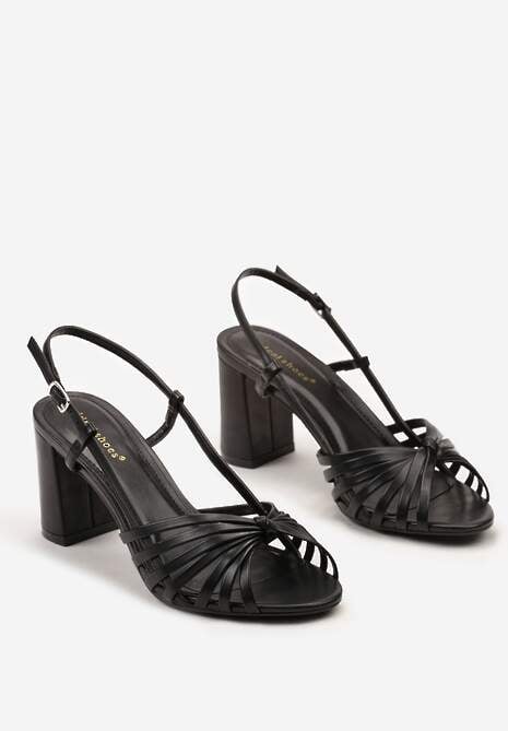 Czarne Casualowe Sandały z Ekoskóry na Słupku z Cienkimi Paskami i Sprzączką Marilana