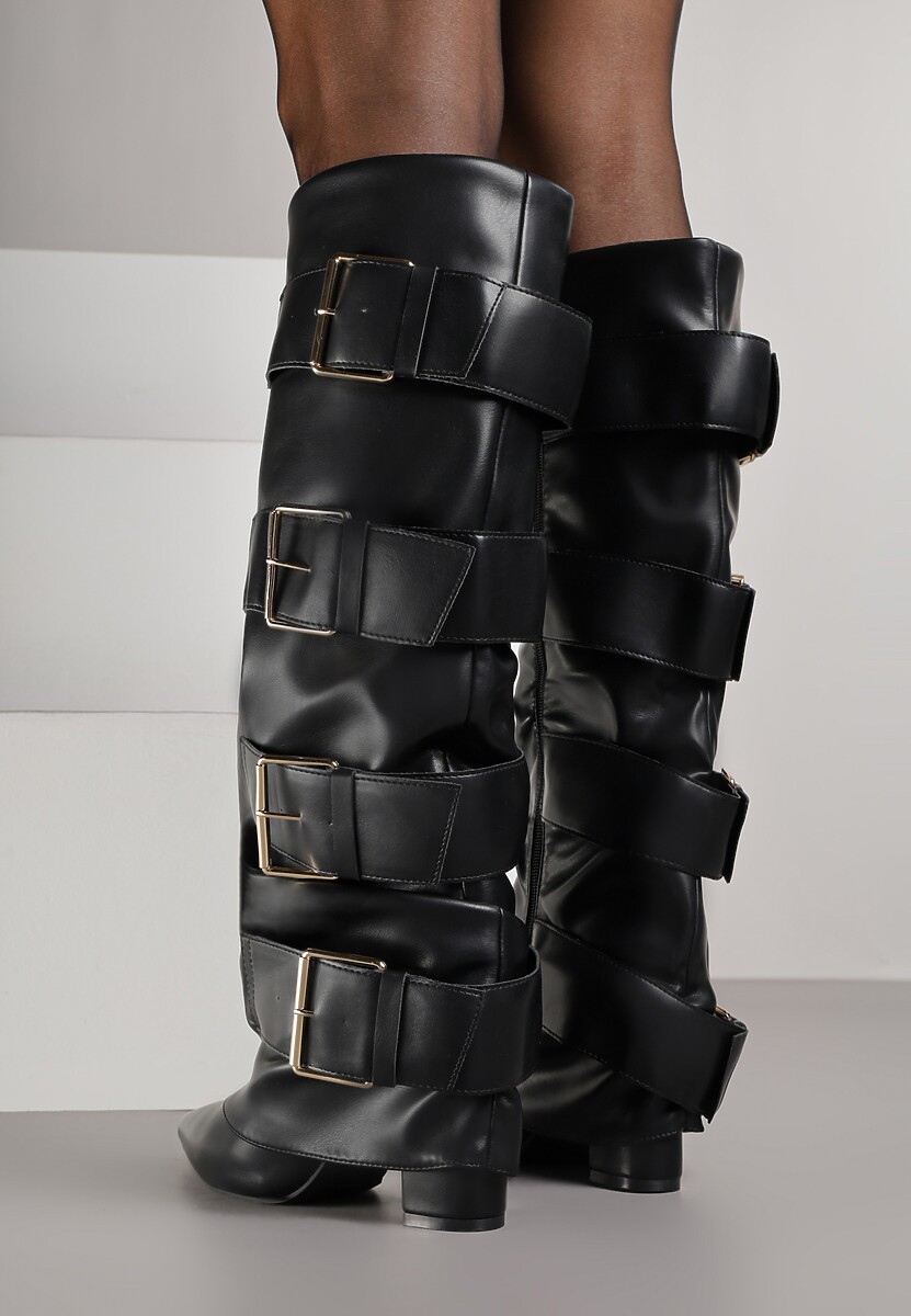 Czarne Kozaki na Słupku z Wywiniętą Cholewką i Klamrami Arullia