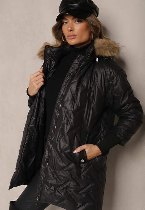 Czarna Kurtka z Pikowanym Wzorem Ściągaczami Odpinanym Futerkiem i Kapturem Ellithri