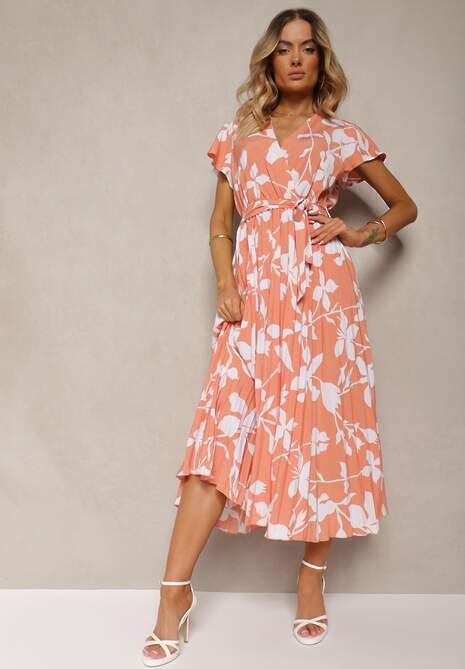 Pomarańczowo-Biała Sukienka z Kopertowym Dekoltem Plisowanym Dołem Wykończona w Talii Paskiem i Gumką Elsavia