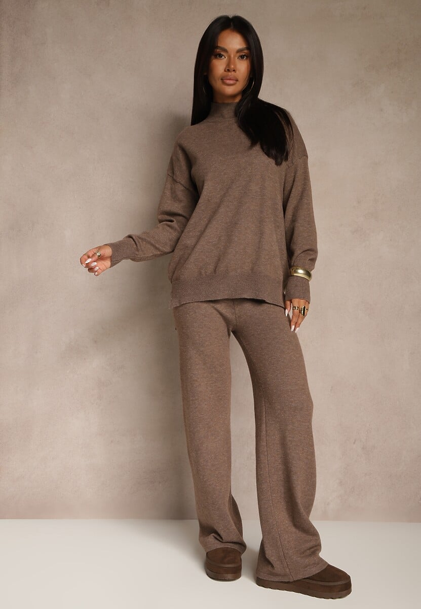 Brązowy Komplet Dzianinowy z Wełną i Bawełną Sweter Golf i Szerokie Spodnie  Reipella