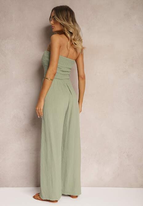 Jasnozielony Kombinezon z Bawełny z Długimi Nogawkami Ozdobiony Marszczoną Górą Moraena