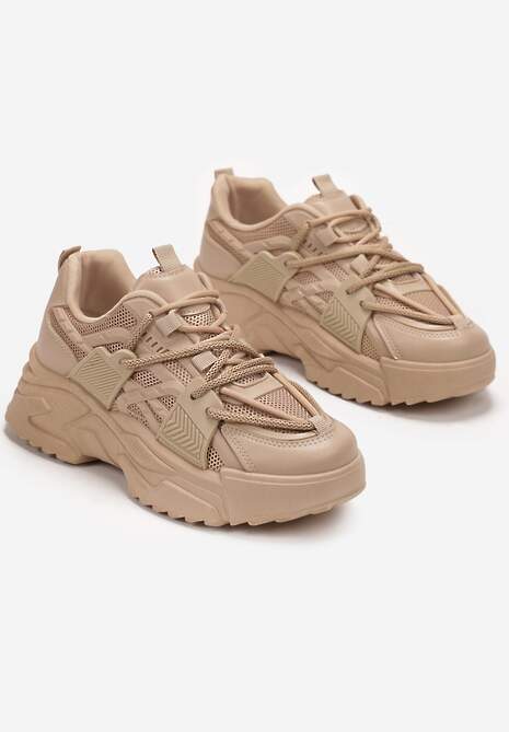 Ciemnobeżowe Sneakersy na Grubej Podeszwie z Sznurowaniem Paciva