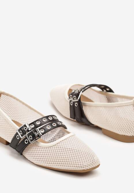 Beżowe Siateczkowe Balerinki z Dwoma Paskami Tirlevi