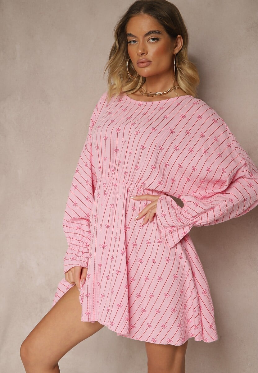 Fuksjowa Sukienka z Bawełny ze Wzorem Kokardek i Pasków Avelriti