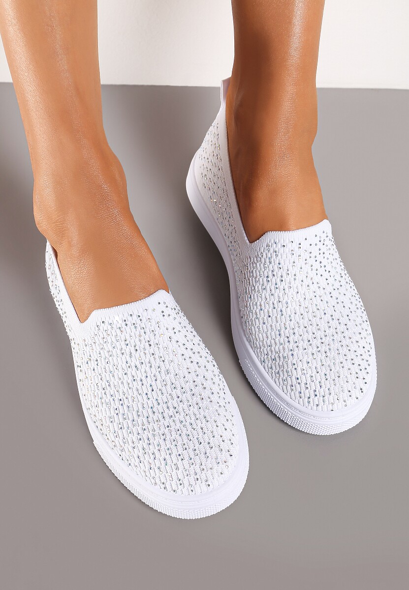 Białe Płaskie Tenisówki Zdobione Cyrkoniami Tiagata