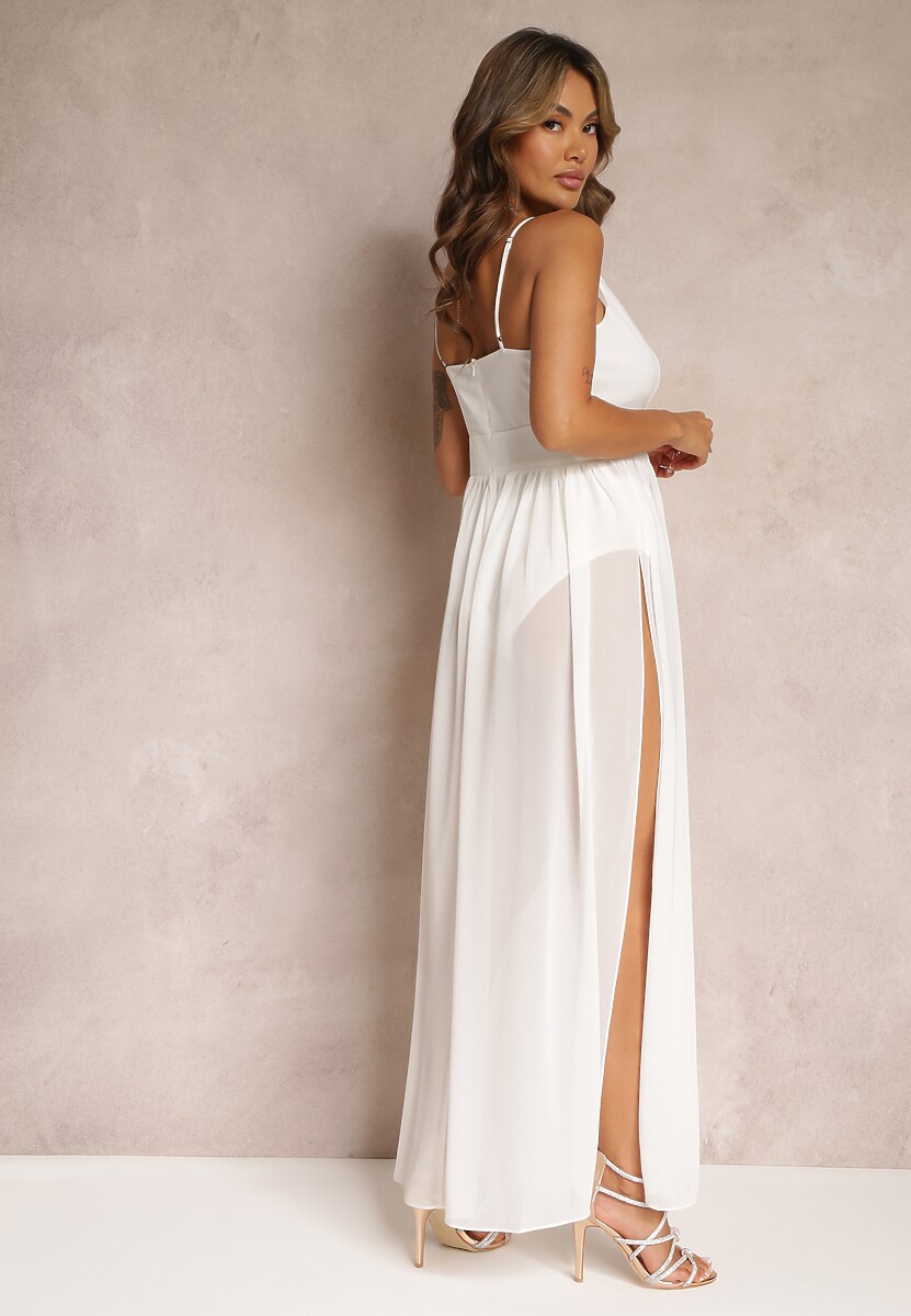 Biała Rozkloszowana Sukienka Maxi z Gumką w Pasie i Majtkami Medane