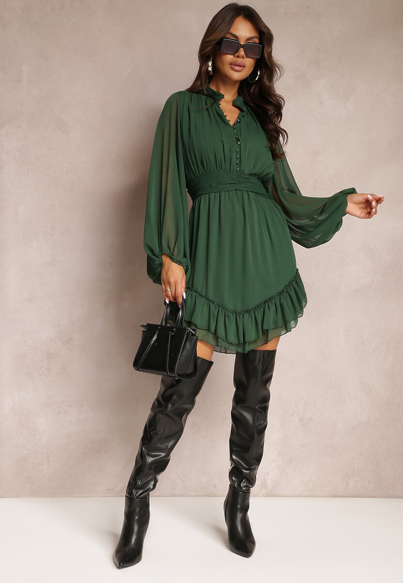 Ciemnozielona Sukienka Mini z Marszczoną Gumką i Przezroczystymi Rękawami Janay