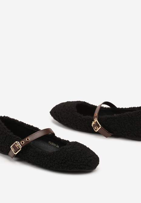 Czarne Balerinki Mary Jane na Płaskiej Podeszwie z Futerkiem Mezitha