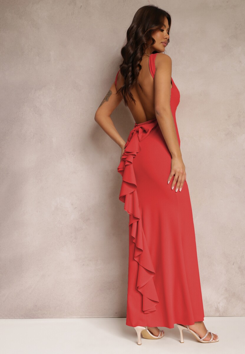 Czerwona Sukienka z Odkrytymi Plecami i Falbanką Euneta