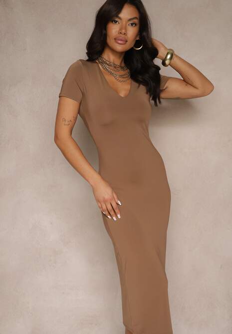 Brązowa Sukienka Bodycon o Dopasowanym Kroju z Dekoltem w V Efrerina