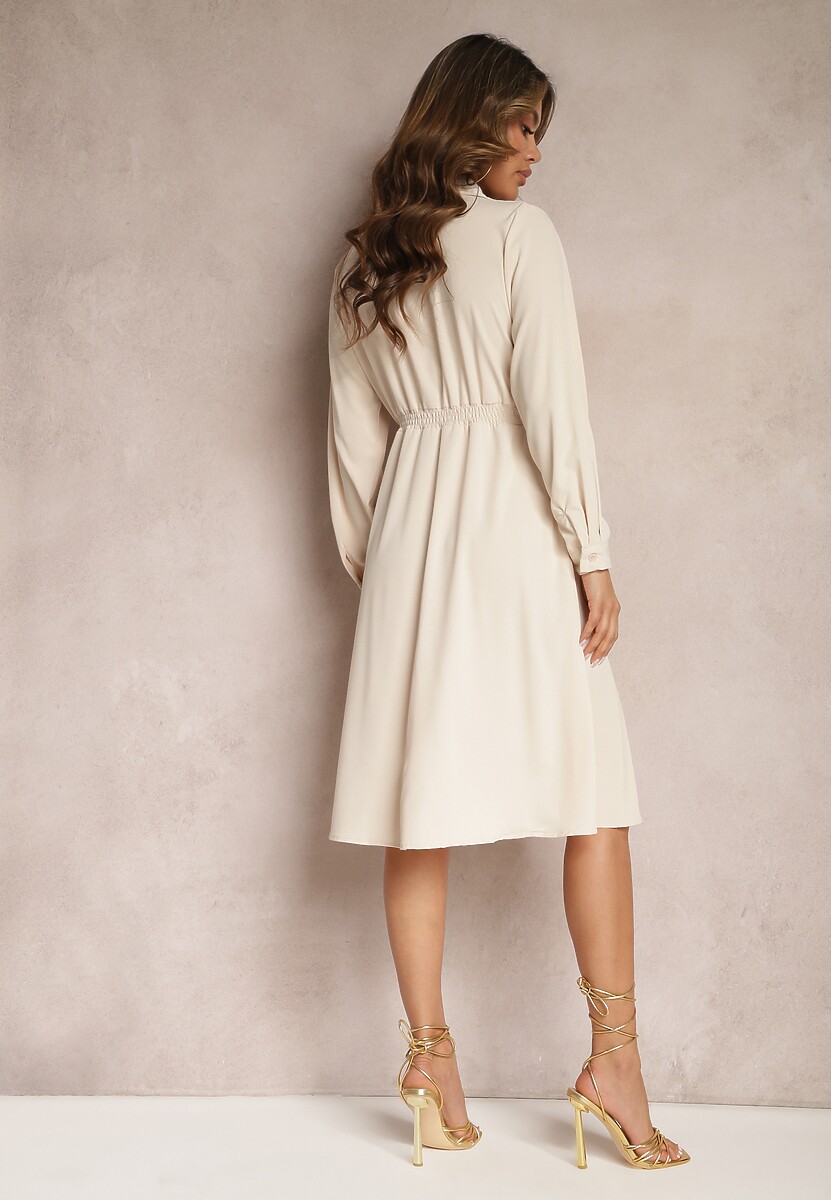 Beżowa Koszulowa Sukienka Midi z Paskiem w Komplecie Neboa
