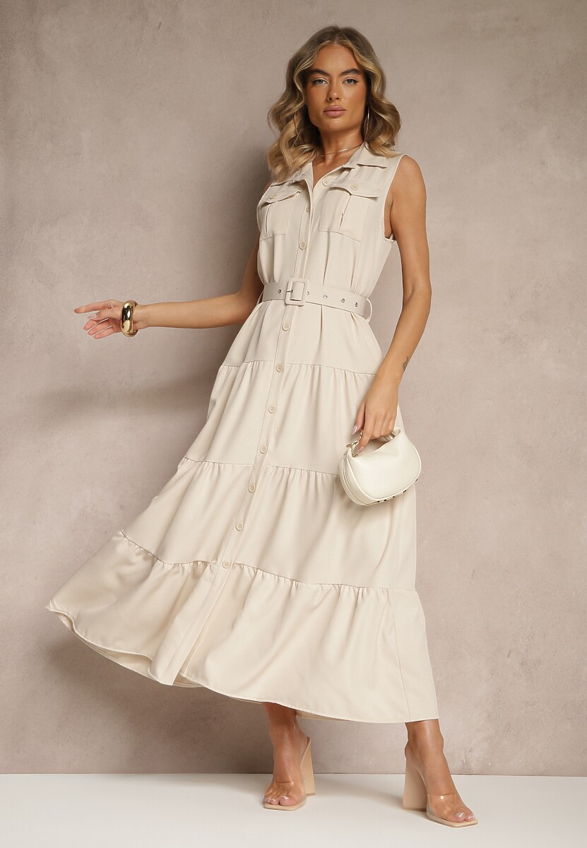 Beżowa Sukienka Koszulowa z Ozdobnymi Guzikami i Paskiem Maviosa