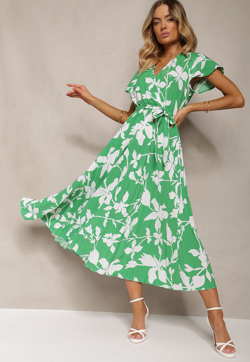 Zielona Sukienka z Kopertowym Dekoltem Plisowanym Dołem Wykończona w Talii Paskiem i Gumką Elsavia