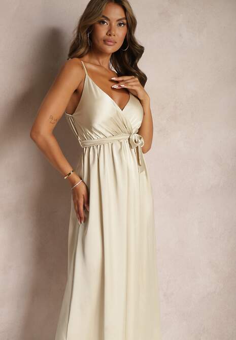 Beżowa Sukienka Wieczorowa o Rozkloszowanym Kroju z Gumką w Pasie i Rozcięciem Relsea