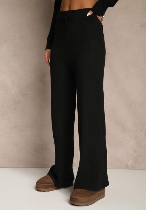 Czarny Komplet z Wełną i Bawełną Szerokie Spodnie i Sweter o Długim Kroju Reilissa