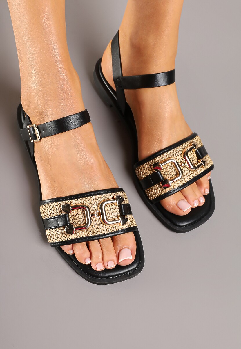 Czarne Sandały z Wkładką ze Skóry Naturalnej i Zdobieniem z Plecionką Noledia