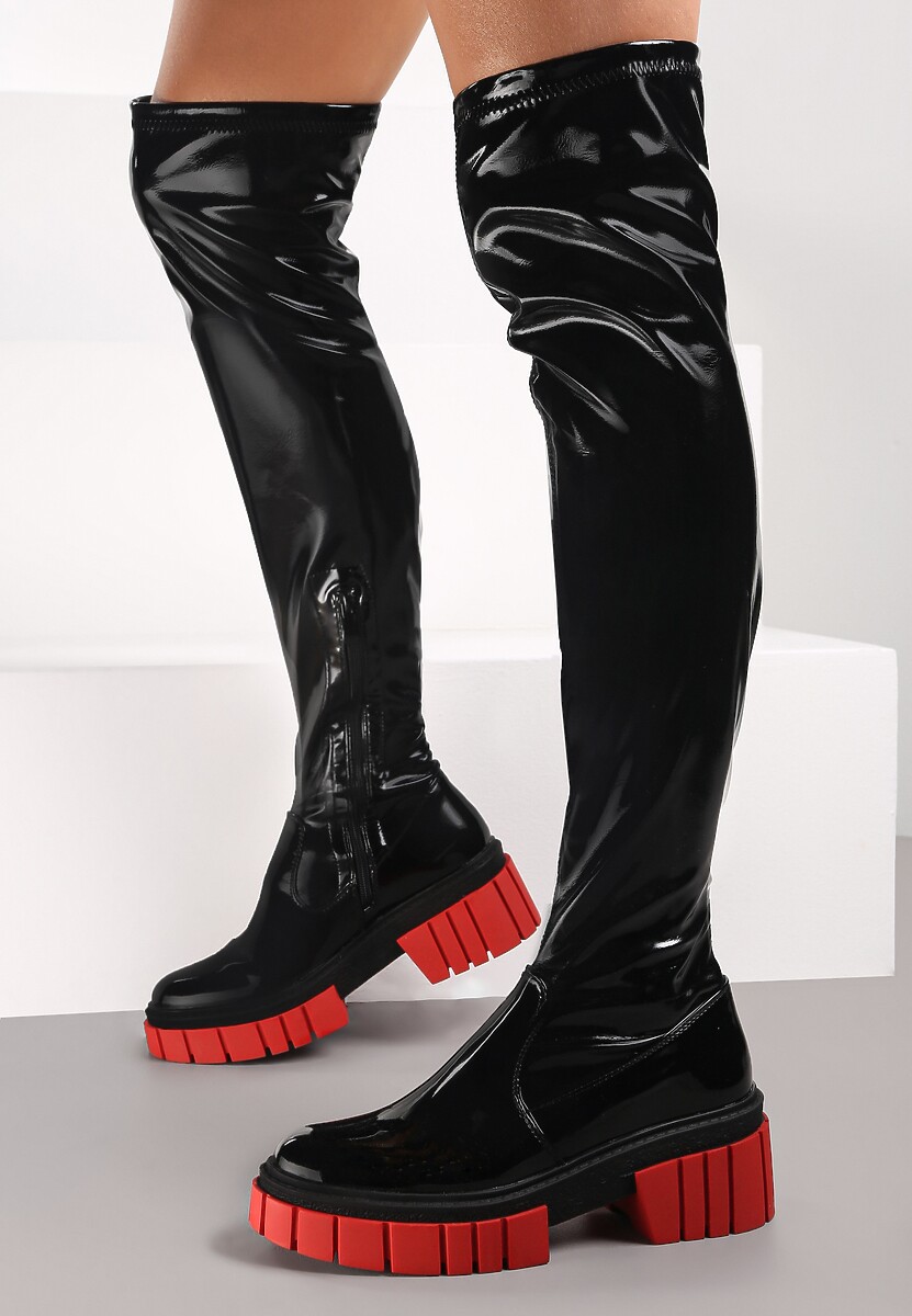 Czarne Kozaki Muszkieterki Winylowe na Grubej Podeszwie Laenala