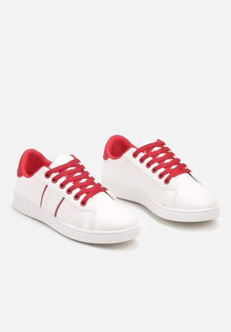 Biało-Czerwone Sznurowane Sneakersy na Płaskiej Podeszwie Wykończone Paskami Elinela