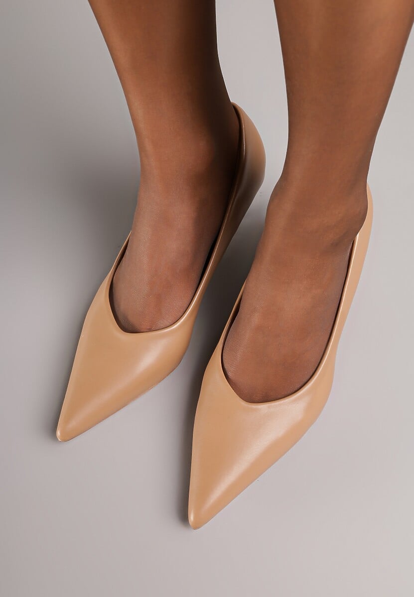 Ciemnobeżowe Czółenka Vices na Obcasie Typu Kaczuszka ze Skórzaną Wkładką Amerisse