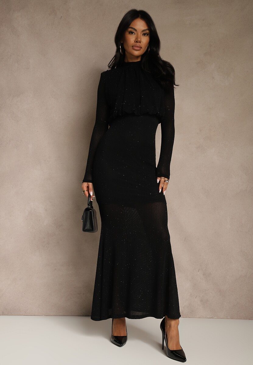 Czarna Cyrkoniowa Sukienka o Taliowanym Kroju z Bufiastą Górą i Gumką w Pasie Iwedesa
