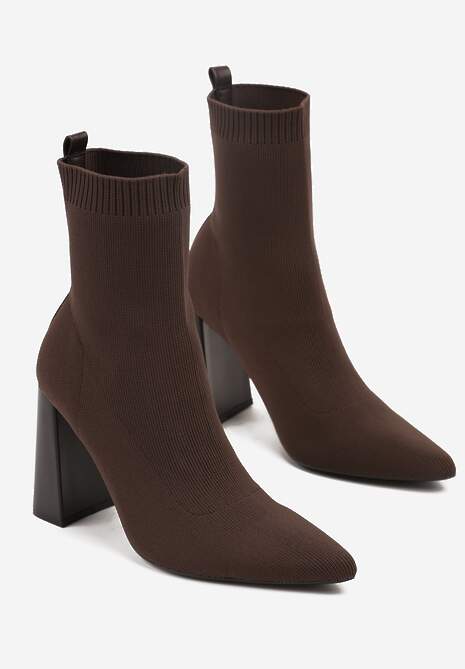 Brązowe Botki Vices na Geometrycznym Słupku ze Skarpetową Cholewką Falunelle