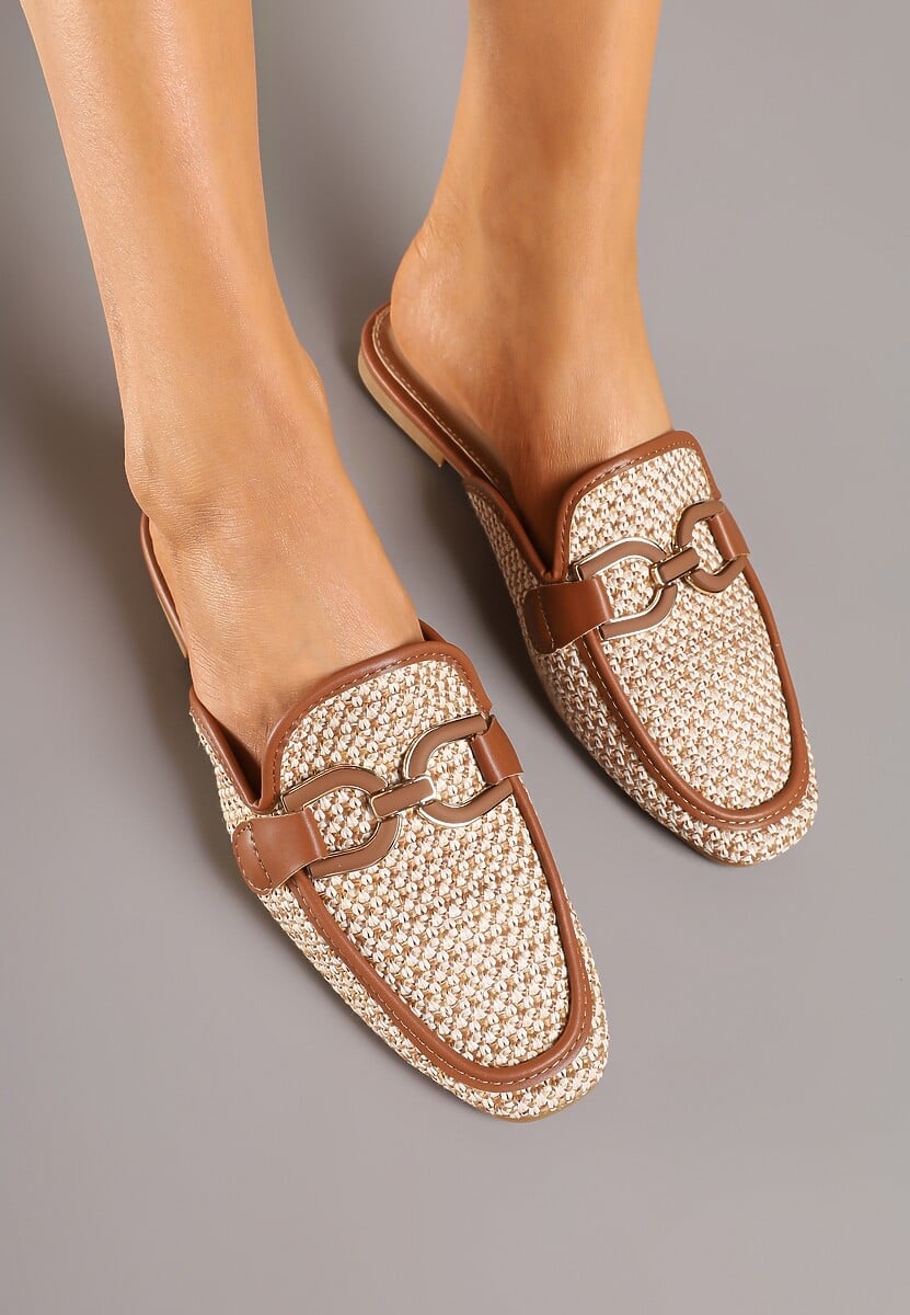 Brązowe Klapki Mule Ozdobione Plecionką i Klamrą Nimiriella