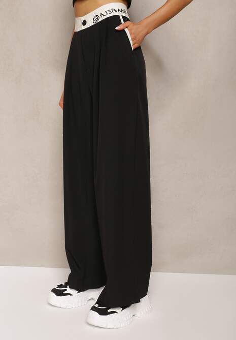 Czarne Spodnie Palazzo High Waist z Szerokimi Nogawkami z Zapięciem na Guziki i Zamek Lomedia