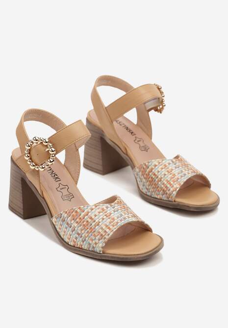 Beżowe Tweedowe Sandały na Obcasie ze Skórzaną Wkładką i Ozdobną Klamerką Ozvisa