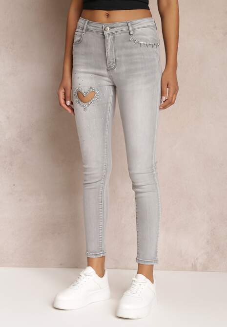 Jasnoszare Jeansy Skinny Push-Up z Wycięciem i Cyrkoniami Idomara