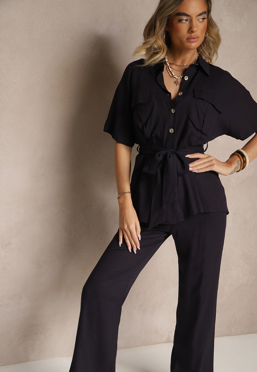 Granatowy Komplet z Lnem i Wiskozą Szerokie Spodnie i Koszula z Paskiem Galanitia