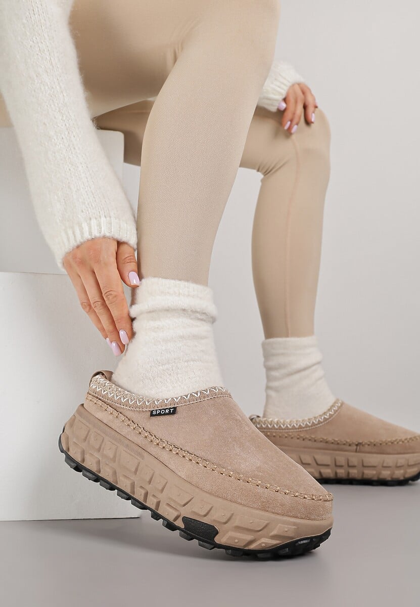 Beżowo-Zielone Śniegowce na Platformie z Tłoczeniem i Niską Cholewką Violova