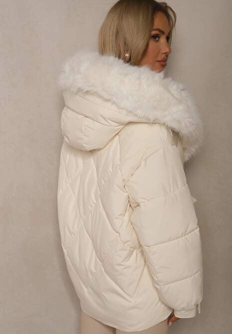Jasnobeżowa Kurtka Pikowana z Kapturem i Odpinanymi Futerkowymi Wstawkami Izafera