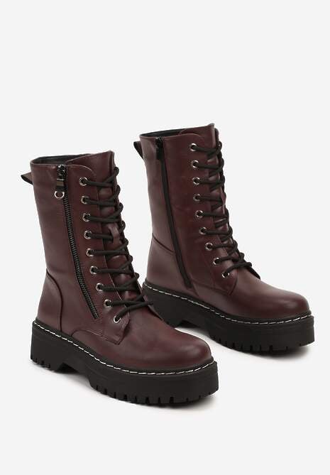 Bordowe Botki Workery na Grubej Podeszwie Ozdobione Dodatkowym Suwakiem Tiriary