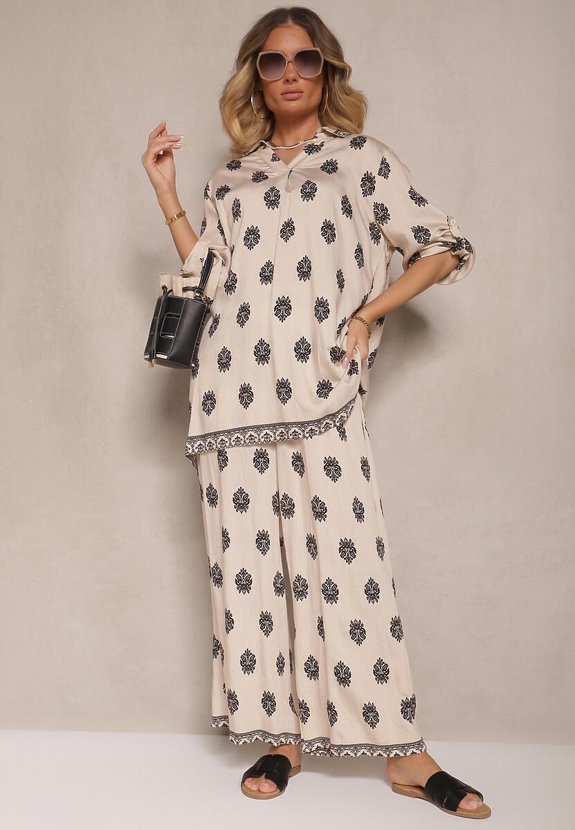 Jasnobeżowy Komplet z Wiskozą Oversize Koszula i Spodnie Zdobione Etnicznym Printem Janea