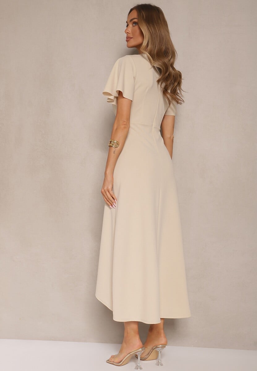 Beżowa Sukienka o Rozkloszowanym Kroju z Marszczeniem Odarene