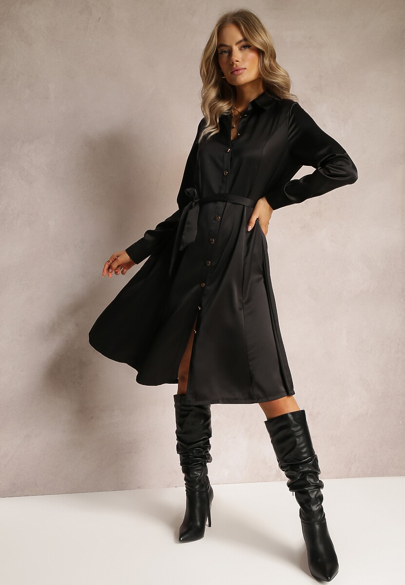 Czarna Sukienka Koszulowa z Wiązanym Paskiem Ezaovy