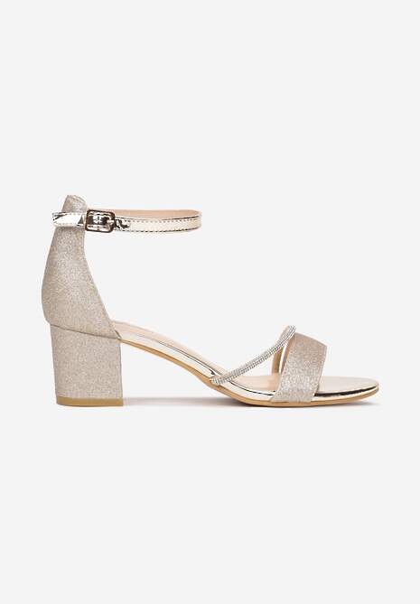 Złote Sandały na Słupku z Brokatem i Paskiem z Cyrkonii Varene