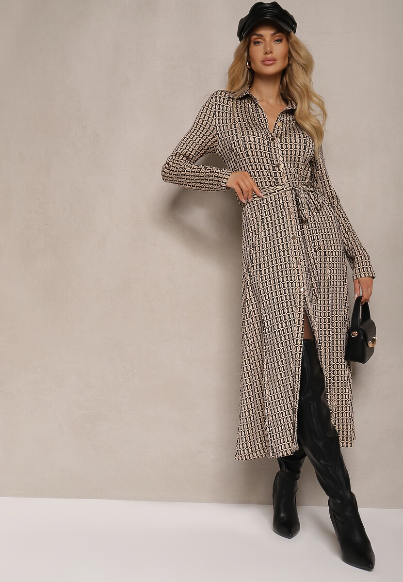 Czarno-Beżowa Sukienka Koszulowa z Wiskozą i Ozdobnym Paskiem Nialine