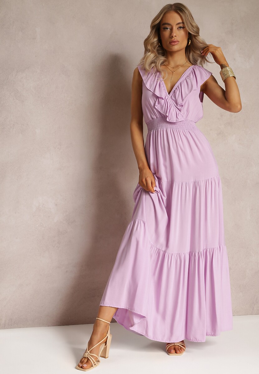 Fioletowa Rozkloszowana Sukienka Maxi z Gumką w Talii i Falbanką Laylani