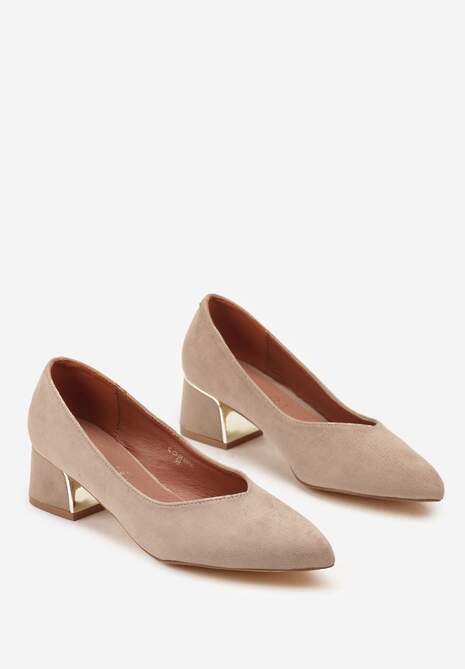 Ciemnobeżowe Czółenka Vices na Słupku z Wkładką ze Skóry Naturalnej z Metaliczną Ozdobą Mixin