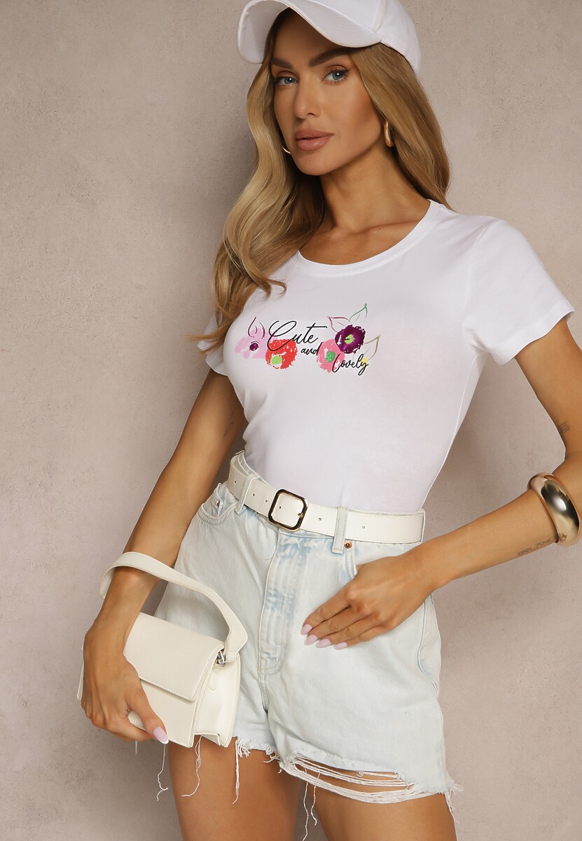 Biało-Różowy Bawełniany T-shirt z Nadrukiem Zarinelle